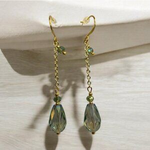 Handmade Dangle Earrings – Green Crystal & Gold Chain